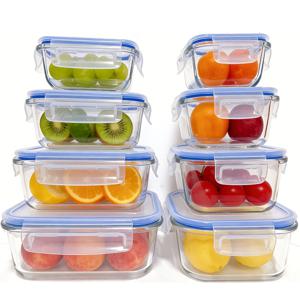 TEMU 대용량 보로실리케이트 유리 식사 준비 용기 세트 8개 - 가정, 주방, 사무실, 점심, 냉동고 안전, 클립온 잠금 장치, 직사각형