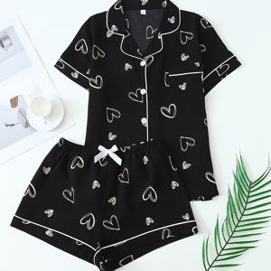 TEMU 봄/여름용 블랙 바닥 러브 프린트 패션 세트, 턴 칼라 버튼 탑과 리본 쇼츠 파자마 슈트