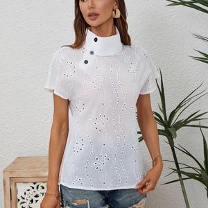 TEMU 숙녀 우아한 플로럴 프린트 반팔 박쥐소매 스탠드 칼라 티셔츠 폴리에스터 비스트레치 일반 핏