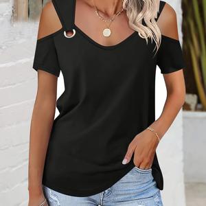 TEMU 여성용 오프숄더 V넥 반팔 티셔츠 - 라지 아이 장식, 가볍고 우아한 캐주얼 탑, 봄 여름 가을용, 세탁기 사용 가능 솔리드 컬러 티, 데코레이티브 링 디테일, 퀄리티 캐주얼웨어