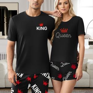 TEMU 남녀공용 로맨틱 발렌타인데이 커플 스타일 라운지웨어 반팔 반바지 킹앤퀸 레터링 프린트 파자마 세트, 상의 + 하의 세트