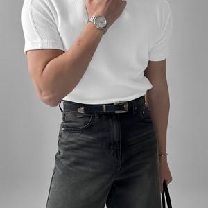 TEMU [Shule Water OBM] 신상 여름 트렌디 다용도 스플라이스 골지 반팔 남성 슬림핏 탄성 아메리칸 솔리드 컬러 캐주얼 스포츠 라운드넥 티셔츠