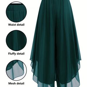 TEMU 여성용 봄 여름 캐주얼 쉬폰 플레어드 벨바텀 팬츠 - 신축성 허리 루즈 와이드 레그, 비대칭 밑단, 단색 논스트레치 원단 브런치 및 피크닉용 바지, 여성용, 가벼운 소재, 패션 애호가용