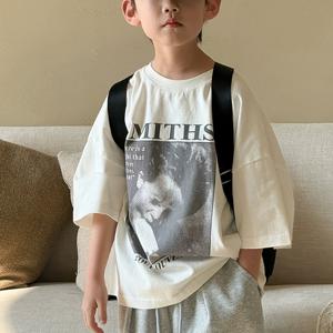 TEMU 2025 여름 남아용 오버사이즈 드롭 숄더 티셔츠 - 통기성 기하학 프린트 캐주얼 반팔 상의, 세탁기 사용 가능 루즈핏 티셔츠, 어린이용 여름 옷, 데일리 웨어, 트렌디한 디자인, 쉬운 관리, 청소년 의류