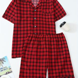 TEMU 남성 클래식 빈티지 레드 체크 여름 반팔 반바지. 캐주얼 쉬운 가디건 파자마 라운지웨어 세트