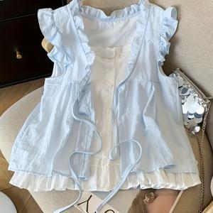TEMU 여성용 페이크 투피스 셔츠 루즈핏 캐주얼 민소매 우아한 탑