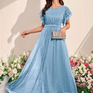 TEMU 우아하고 조용한 블루 스팽글 플리츠 롱 드레스, 러플 소매 + 빅 스커트, 데이트 / 디너 / 결혼식 / 파티에 적합