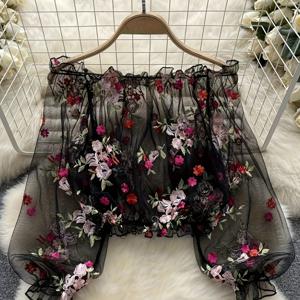 TEMU 루즈 카디건 버블 슬리브 숏 카디건 긴소매 레이스 셔츠, 오프숄더 메쉬 자수 시스루 우아한 셔츠 여성 + [Nian Nian]