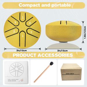 TEMU 휴대용 3인치 미니 스틸 텅 드럼, 에테리얼 드럼, 타이코 드럼, 6음 미니 메탈 핸드 드럼 타악기, 악보집 및 드럼스틱 포함, 컴팩트하고 휴대하기 쉬운 야외 정원 빗 드럼, 초보자, 캠핑, 요가, 명상, 야외 활동, 크리스마스, 할로윈을 위한 완벽한 음악 선물