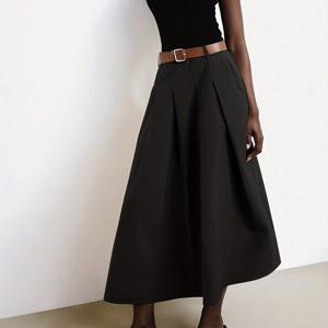 TEMU 2025 여름 신상 플리츠 纸喇叭 치마, 모던 어반 출퇴근룩 패션, PU 벨트 디자인 및 사이드 포켓이 있는 시크 캐주얼 A라인 여성용 스커트