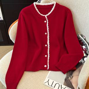 TEMU 봄/가을 레이스 패치워크 라운드 넥 패셔너블하고 우아하며 스타일리시하고 활용도 높은 여성용 가디건