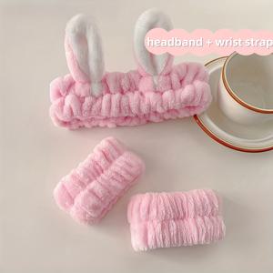 TEMU 세안용 귀여운 토끼 귀 머리띠 3개 세트, 흡수성 팔찌, 솔리드 목욕 추가품 (세안 머리띠, 팔찌, 방습 스펀지 메이크업 & 머리띠 포함)