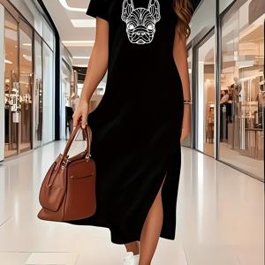 TEMU 새로운 여성용 우아한 분할 드레스, 캐주얼 핏 반팔 라운드넥 드레스 - 모든 계절에 적합, 프렌치 불독 프린트