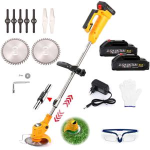 TEMU ocicc 충전식 무선 예초기 저중량 무선 예초기 오렌지 신축식 잔디 깎는 기계 세트 정원 및 야외 사용 정원 및 관목 가지 다듬기 작업용 두 개의 리튬 이온 배터리와 3종 절단날 포함 효율적인 제초 도구