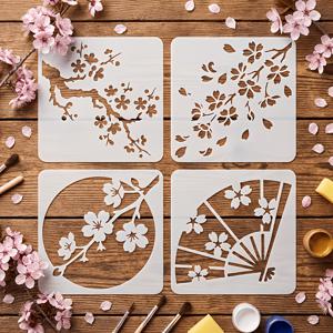 TEMU 일본식 벚꽃 속통 페인팅 스텐실 4개 세트 - DIY 공예용 재사용 가능한 플라스틱 벚꽃 패턴 스텐실, 활짝 핀 나뭇가지, 떨어지는 꽃잎, 원형 테두리, 부채꼴 패턴을 포함한 식물 속통 디자인. 패브릭, 스크랩북킹, 스프레이 페인팅 작품에 적합