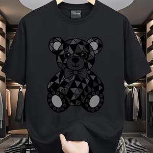 TEMU 남성 티셔츠, 남성 셔츠, 남성 의류, 남성 티, 기하학적 곰 패턴, 흰색 및 검은색 니트 티셔츠, 모던 프린트 디자인, 고품질 프린트, 라운드넥 디자인, 루즈핏, 남녀공용, 통기성, 다용도, 세탁기 사용 가능, 편안함