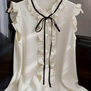 TEMU 여성 패션 러플 칼라 단색 셔츠