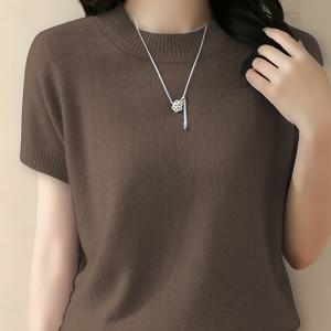 TEMU 스웨터 전문점 여성용 빈티지 홈 패브릭 풀오버, 라운드 넥 반팔 부드럽고 편안한 신축성 있는 파자마 상의, 라운드 넥 반팔 스웨터만 판매