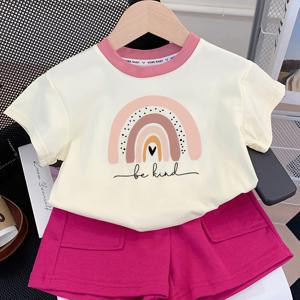 TEMU 2pcs 여아 여름 세트 신상 스타일 패셔너블 여름 옷 여아 중소 아기 스포츠 반바지 투피스 세트, 야외용