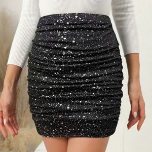TEMU 여성용 하이웨이스트, 몸매를 잡아주는 미니 스커트입니다. 별빛 금박 디자인과 플리츠 디테일이 특징입니다.