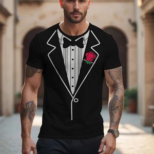 TEMU 목선에 3D 리본이 매력 있게 장식되어 가슴에는 장미 프린트가 돋보이는 남성용 라운드넥 반팔 셔츠는 여름의 핫템으로, 트렌디한 패션 스타일을 완벽하게 표현합니다.