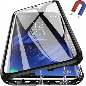 TEMU 휴대폰 케이스: 고급스러운 블랙과 실버 투톤 컬러, 전면 및 후면 전체 보호를 위한 듀얼 사이드 유리 보호 메탈 마그네틱 폰 케이스, 삼성 시리즈와 호환되며 강력한 자석력, 전면 HD 유리, 스크린 보호필름 필요 없음, 대형 카메라 컷아웃 디자인, 업그레이드된 안전 버클 잠금 장치, 낙하 방지, 민감한 터치 컨트롤