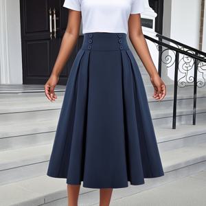 TEMU 여성용 하이웨이스트 A라인 플리츠 미디 스커트 - 캐주얼 버튼업 브라운 스커트, 올시즌 의류 | A라인 실루엣 | 버튼 디테일 스커트