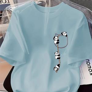 TEMU 만화 판다 프린트 여성용 라운드넥 반팔 티셔츠, 봄/여름에 적합, 캐주얼하고 활용도 높음, 편안한 상의, 부드러운 원단
