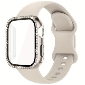 TEMU 남녀공용 패셔너블하고 부드럽고 편안한 사이즈 조절식 스포츠 시계 스트랩 2개 세트 & 라인스톤 장식 낙하 방지 2in 1 초박형 강화유리 화면 보호필름 시계 케이스, 애플워치 밴드 38/40/41/42/44/45/46/49mm용, 시리즈 Ultra/SE/10/9/8/7/6/5/4/3/2/1용, 스마트워치 액세서리