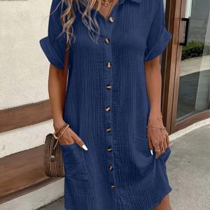 TEMU 화이트 셔츠 원피스, 통기성 좋음, 라펠 디자인으로 능력감 연출, 정돈된 버튼 배치로 레트로한 매력을 더함