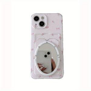 TEMU 핑크 튤립 패턴 카드 슬롯 화장 거울 휴대폰 케이스, 충격 방지 및 낙하 방지, 동전 지갑 포함, 여아용, 아이폰 16/16 Pro/16 Pro Max/15 Pro/15 Pro Max/14/14 Pro Max/13/12/11/XS Max/XR용