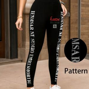 TEMU 여성용 하이웨이스트, 사이드 레터링 및 라인스톤 장식으로 매끄러운 핏을 연출하는 레깅스 한 쌍. 데일리 외출 및 스타일리시한 룩에 완벽합니다.