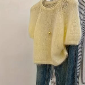 TEMU 솔리드 반팔 라운드넥 할로우 아웃 풀오버, 여성 탑, 올 시즌 착용