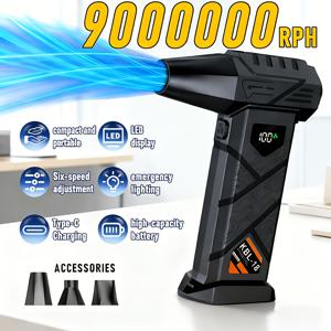 TEMU KBL-18 고출력 휴대용 압축공기 청소기, 터보 제트 클리닝 팬, 사계절용 자동차 및 가정용 겸용 청소용 송풍기, USB 충전식 여름 냉풍기, 6단 속도 설정, 9000000 RPM 고속 브러시리스 모터, 고용량 리튬 배터리 2개 내장, 마당 낙엽 날림, 자동차 낙엽 및 눈 치우기, 컴퓨터 키보드 및 창틀 틈새 먼지 제거용으로 적합