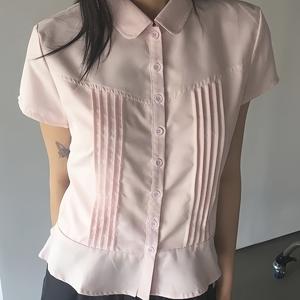 TEMU 2026 봄/여름 신상 스위트 스타일 반팔 셔츠 여성용 라펠 플리츠 허리 숏 셔츠 출퇴근 데이트 다용도 나이감 감소 핑크 탑