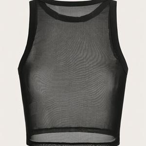 TEMU 블랙 메쉬 민소매 크롭 탑, 핏 잘 맞고, 스트릿 스타일에 완벽, 여성 데일리 출퇴근, 활용도 높은 베이스 레이어 셔츠