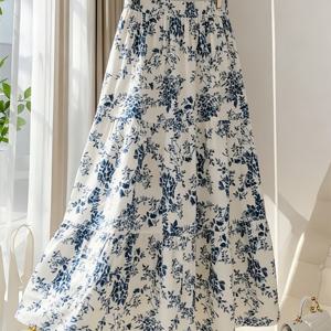 TEMU 여성 여름 파란색 및 흰색 도자기 프린트 멀티 레이어 미드 레인지 스커트