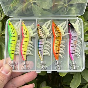 TEMU 강력한 발광, 부드러운 다리, 딸랑이 구슬, 나무 새우, 오징어 훅, 오징어 훅, 9.5cm/11.5cm 형광 낚시 미끼, 바다 낚시용 랍스터 미끼 5개 세트