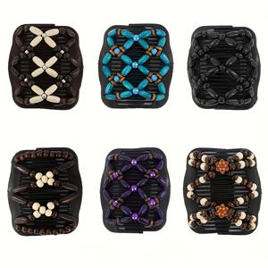 TEMU 6개 Yeshan 매직 헤어콤 여성용 나무 비즈 탄성 더블 클립 헤어스타일 추가품, 데일리룩에 적합, 가족을 위한 완벽한 선물