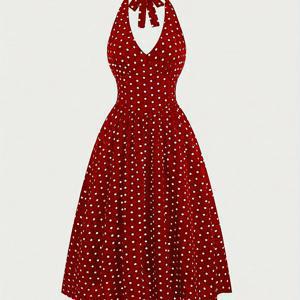 TEMU 새로운 스타일리시하고 우아한 여성용 물방울 무늬 홀터넥 감성 슬림 드레스