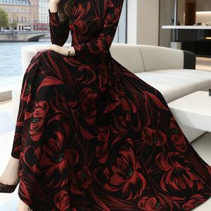 TEMU 봄/여름용 플로럴 프린트 원피스, 패셔너블한 스타일, 허리, 우아한 긴팔 원피스