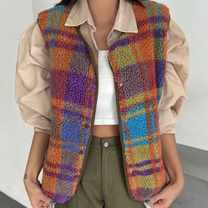 TEMU 여성용 패셔너블한 컬러풀 체크무늬 플러시 베스트 자켓, 가을 겨울 아웃도어 보온복으로 적합