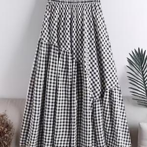 TEMU 여성용 우아한 패션 캐주얼 스커트, A라인 불규칙 체크 프린트 하이웨스트 스커트, 귀엽고 트렌디한 다용도 스커트, 편안한 원단, 세탁기 사용 가능, 여행, 휴가 및 외출에 적합