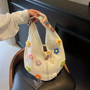 TEMU 새 여성용 토트백 대용량 숄더 니트 가방 패션 꽃 토트백 소형 프레쉬 핸드메이드 코바늘 뜨개질 가방 여성