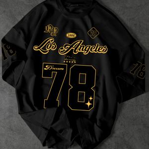 TEMU 남성용 로스앤젤레스 넘버 78 프린트 티셔츠 - 스트리트웨어 오버사이즈 핏 라운드넥 여름 캐주얼 티, 78자 레터링 도시 스타일 & 캐주얼 웨어 - 핸드워시 가능 루즈핏 티셔츠 78 프린트