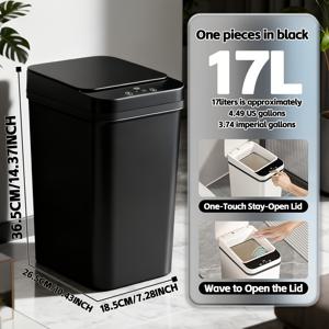 TEMU 17L/4.49gal 센서 휴지통 - 터치리스 웨이브 및 발 센서 + 버튼 스테이 오픈 모드, 블랙 직사각형 디자인, 무소음 닫힘, 내구성 있는 플라스틱, 주방 욕실 사무실 가정용 선물용 1개/2개 세트