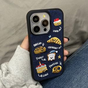 TEMU 휴대폰 케이스: 정교한 데님 블루 공예 자수 귀여운 케이크 토스트 남녀공용 커플 풀커버 휴대폰 케이스, 17 Pro/16/15 Pro Max/14/13 호환