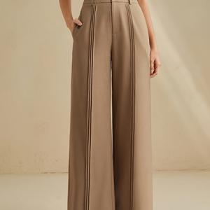 TEMU 여성 솔리드 컬러 하이웨스트 패셔너블 캐주얼 바지, 히든 포켓, 데일리 출퇴근을 위한 우아하고 다재다능한 와이드 레그 트라우저