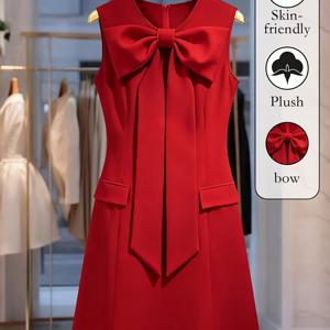 TEMU 여성용 우아한 민소매 미니드레스 - 리본 허리 장식, 라운드넥 웨딩 게스트 드레스, 단색 미니드레스 (행사 및 데일리웨어 적합, 세탁기 사용 가능)