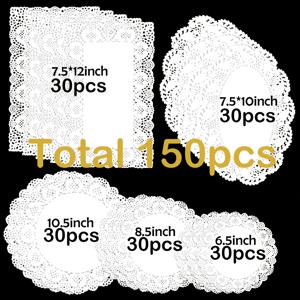 TEMU 150개 화이트 레이스 페이퍼 도일리 - 웨딩, 파티, 디저트 테이블용 일회용 화이트 레이스 도일리 시트, 소형 & 대형, 머신메이드 테이블 보호용, 뷔페, 케이크 디스플레이, 트레이용 (우아한)